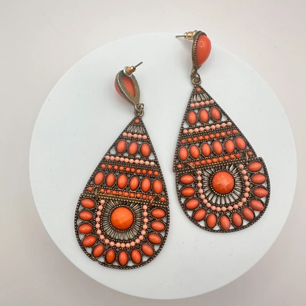 Vintage 90s Gold Tone Orange Beaded Teardrop Dangle Earrings